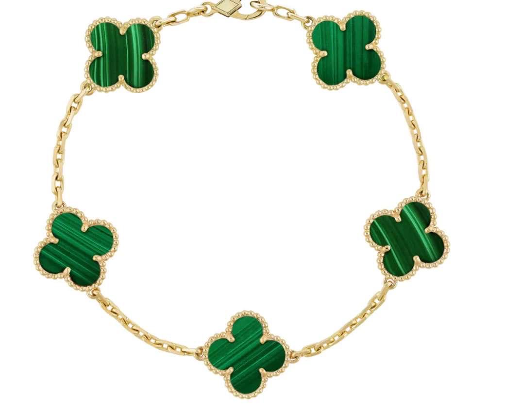 Inspired 5 Clover Bracelet – Yellow Gold with Malachite